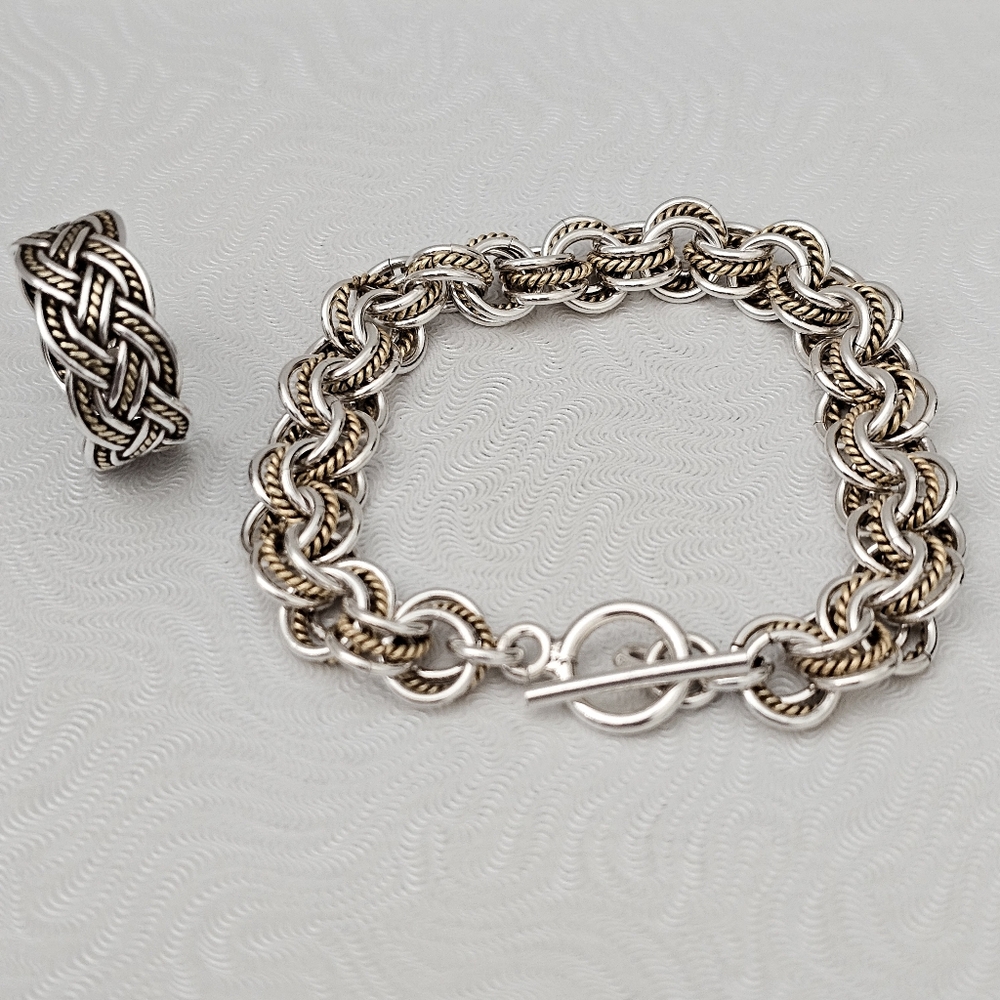 Artisan Mexico Sterling Silver Brass Braided Ring Silver Brass Rolo Bracelet SET